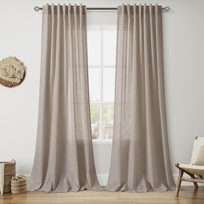 Ecru Linen Curtains for Living Room 105 Inches Long Light Filtering Semi Sheer Curtain Back Tab Rustic Farmhouse Decor Burlap Elegant Soft Luxury Boho Drapes for Bedroom Dinner Room 52x105, 2 Panels
