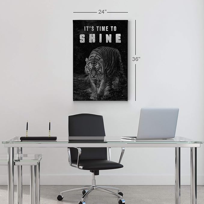 Smile Art Design It's Time to Shine Black and White Tiger Motivational Wall Art Canvas Print Inspirational Wall Art Entrepreneur Quote Modern Office Living Room Decor Gift Ready to Hang 28x19