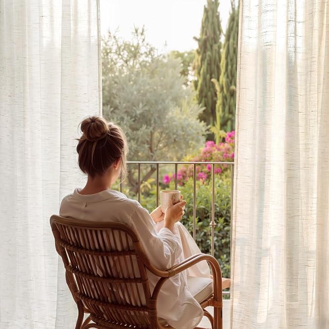 NICETOWN Linen Blend Semi Sheer 108 inch Curtains, Grommet Thick Flax Linen Weave Drapes Privacy with Light Filtering Drapes Airy & Elegant for Bedroom/Living Room, W52 x L108, 2 Panels