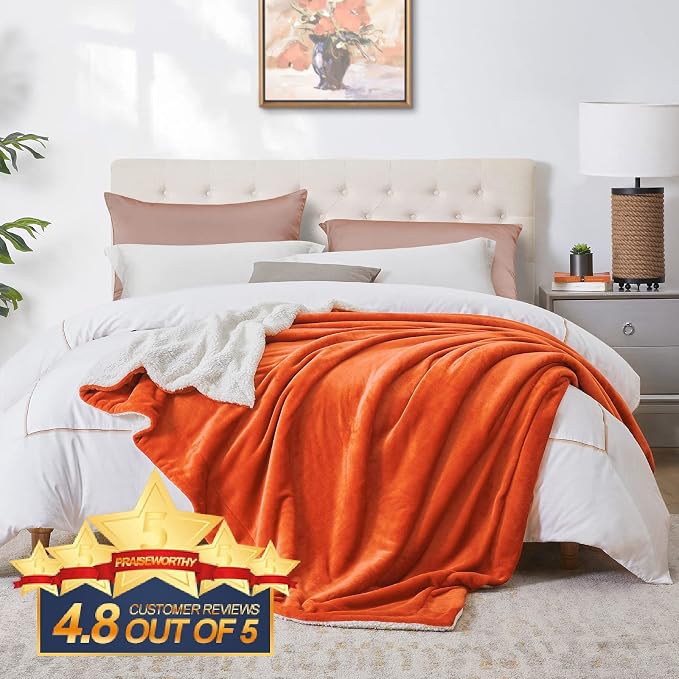 Walensee Sherpa Fleece Blanket (Throw Size 50”x60” Orange) Plush Throw Fuzzy Super Soft Reversible Microfiber Flannel Blankets for Couch, Bed, Sofa Ultra Luxurious Warm and Cozy for All Seasons