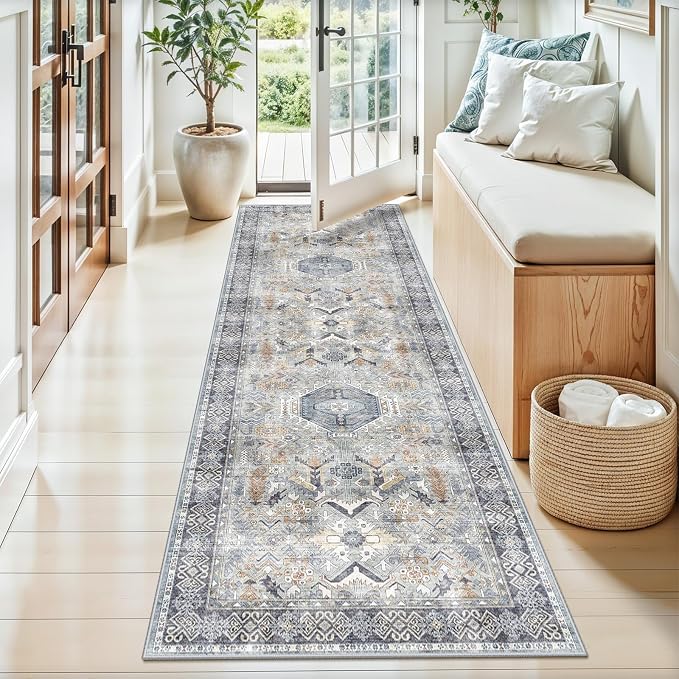 Washable 2x6 Kitchen Runner Rug - Hallway Rugs Low Pile Entryway Carpet Vintage Farmhouse Soft Thin Non-Slip Stain Resistant Indoor Floor Mat Home Decor for Bedroom Laundry Room(Grey/Blue, 2x6)