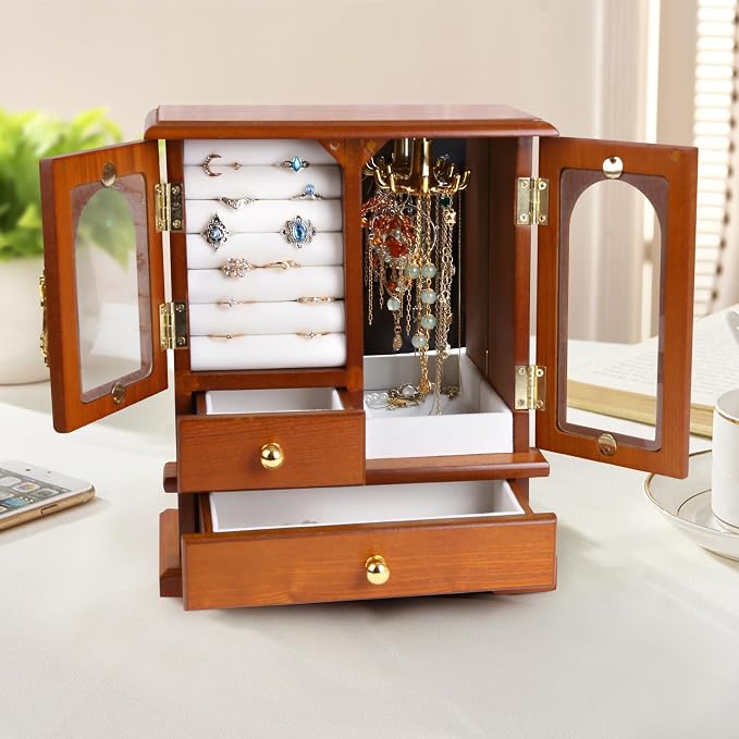 Kendal Wooden Jewelry Box for Women, Graduation Gift Solid Jewelry Holder Organizer, Mothers Day Gifts Wood Jewelry Case with Mirror for Necklaces, Earring, Rings (2 Side Door, Oak)