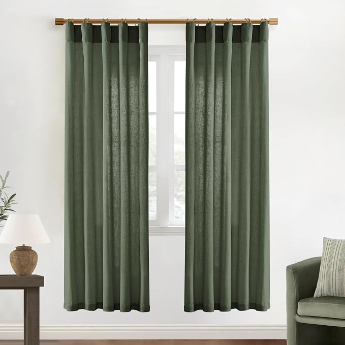 XTMYI Olive Green Closet Door Curtain for Open Closet, Boho Semi Privacy Linen Sheer Accordion Doors Doorway Curtain Tapestry, 40 Inch Wide, 78 Inch Length 2 Panels Set