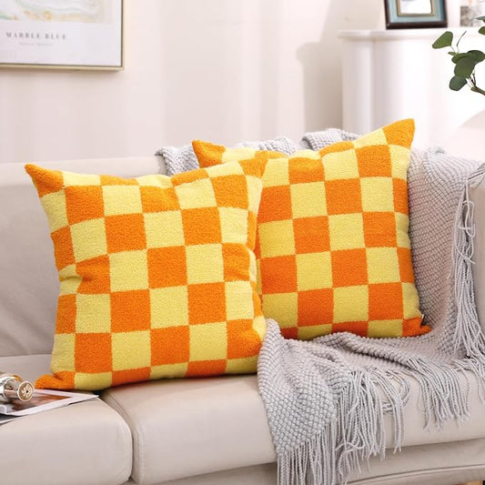 Alysheer Checkered Embroidered Throw Pillow Covers 18"x 18" 2pc Orange