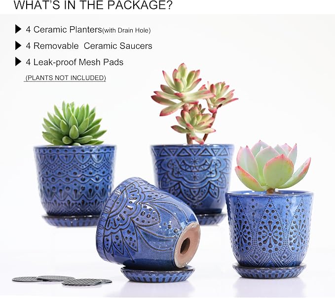Gepege Ceramic Succulent Pots, 4 Inch Small Plant Pots with Drainage | Ceramic succulent pots with drainage holes, ceramic saucers and mesh pads, set of 4, ideal for cactus and succulents