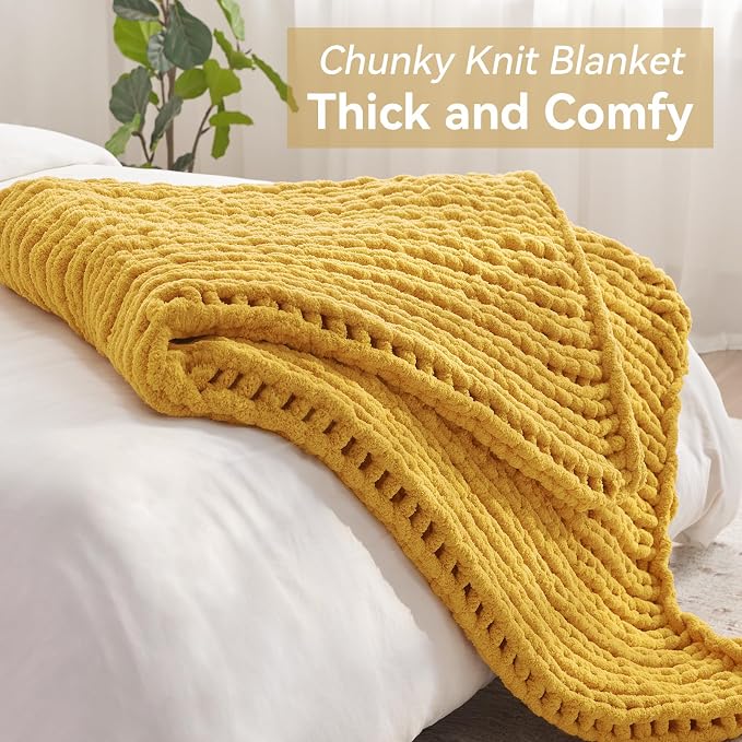 Negwoo Chunky Knit Throw Blanket, Knitted Throw Chenille Yarn, 60"*80" | Soft Thick Cable Knitted Blankets, Handmade Big Thick Blanket, Machine Washable Cute Comfy Blanket for Home Decor, Yellow