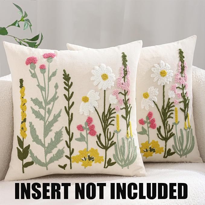 Embroidered Throw Pillow Covers 18x18 Pack of 2 Floral Decorative Pillow Covers Daisy Flowers Tufted Pillowcases Farmhouse Pillow Cushion Cases Square Pillow Case Summer Home Decor