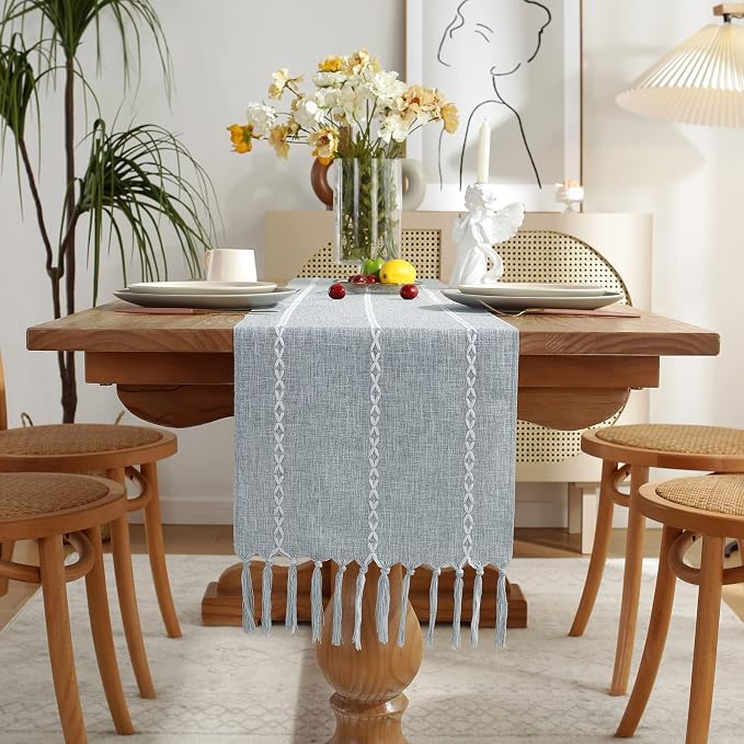 Wracra Rustic Linen Table Runner, Dusty Blue Table Runners 72 inches Long | Raised Embroidered Design and Hand-Tassels;Cotton Linen Woven Fabric; Farmhouse Table Runner;Home Kitchen Dining Decor