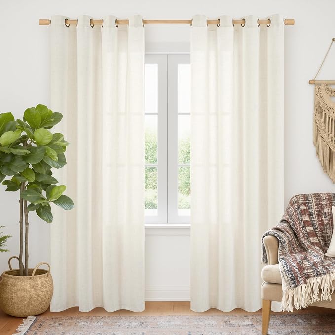 YoungsTex Ivory Linen Curtains 52X80 Inch Length 2 Panels for Living Room | Semi Sheer Drapes Rustic with Bronze Grommet Privacy for Country Bedroom Dining Room Light Filtering