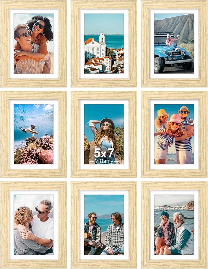 Vittanly 5x7 Picture Frames Set of 9 for Wall or Tabletop Display, OAK | Display Pictures 4x6 with Mat or 5x7 without Mat, Small Photo Frames, Engineered Wood with Shatter Resistant Plexiglass