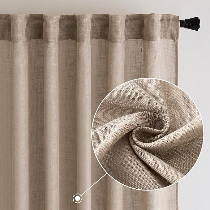 MIULEE Taupe Linen Curtains 52x96 Inch with Textured Linen Window Drapes | Curtains for Bedroom Living Room, Semi Sheer Light Filtering, Back Tab Rod Pocket, Burlap Look Farmhouse Decor, 2 Panels