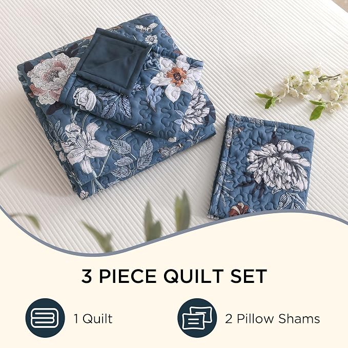 Litanika Floral Navy Quilt California King - 3Pcs Botanical Birds Bed Set | Blue Bedspread Summer Lightweight Soft Coverlet for All Seasons (112"x104")