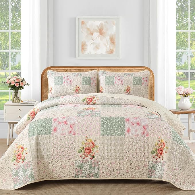 Mybedsoul Beige Boho Quilts Queen Size, Patchwork Reversible Bedding Set | Soft Lightweight Microfiber Floral Coverlet Set, 3 Pieces Plaid Bedspread, Bed Sets for All Seasons 96"x90"