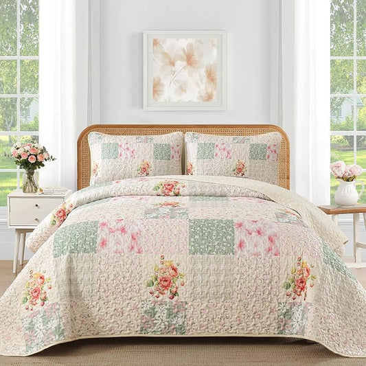 Mybedsoul Beige Boho Quilts Queen Size, Patchwork Reversible Bedding Set | Soft Lightweight Microfiber Floral Coverlet Set, 3 Pieces Plaid Bedspread, Bed Sets for All Seasons 96"x90"