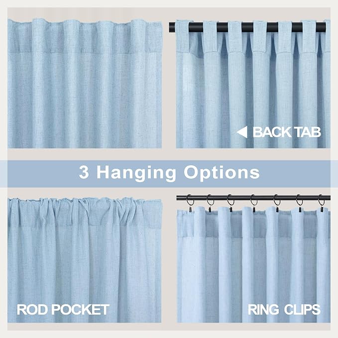 Light Blue Curtains 96 Inches Long for Living Room Back Tab Linen Light Filtering Modern Farmhouse Coastal Decor Baby Blue Cotton Textured Gauze Curtains for Dining Room Bedroom 52x96 Length Pale Blue