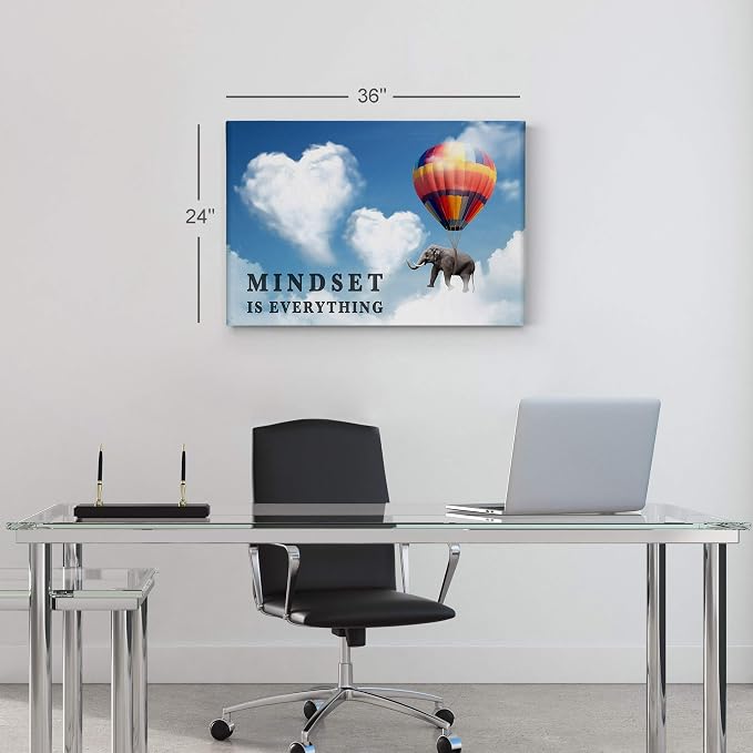 Smile Art Design Mindset is Everything Quote Elephant with Balloon Blue Sky Motivational Wall Art Canvas Print Inspirational Wall Art Entrepreneur Quote Office Decor Artwork Gift Ready to Hang 15x22