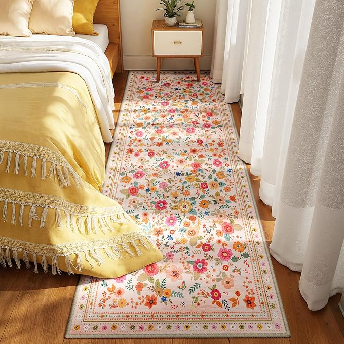 Washable Floral Area Rug for Living Room Runner 2x8 Pink Beige | Non-Slip，Vacuum-Friendly, Low Pile, Flower Carpet for Bedroom Kitchen Entryway Dining Room Office Nursery