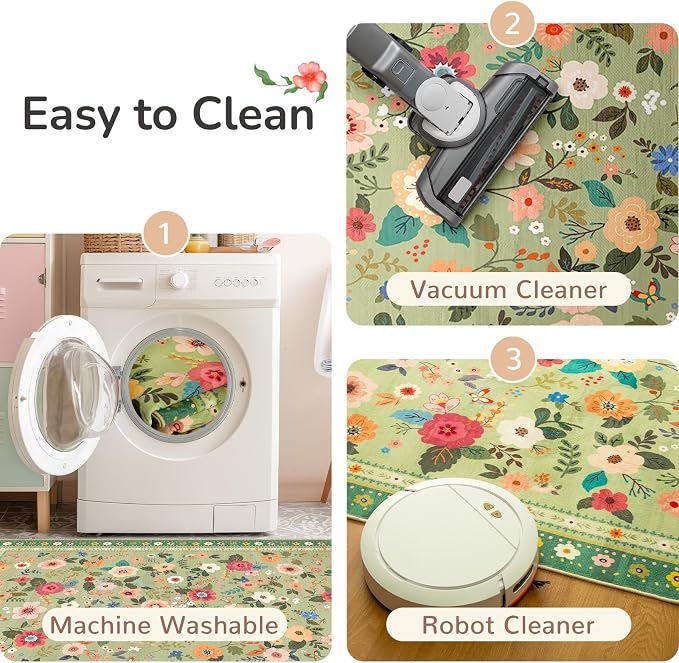 Washable Floral Area Rug for Living Room 5x7 Light Green | Non-Slip，Vacuum-Friendly, Low Pile, Flower Carpet for Bedroom Kitchen Entryway Dining Room Office Nursery