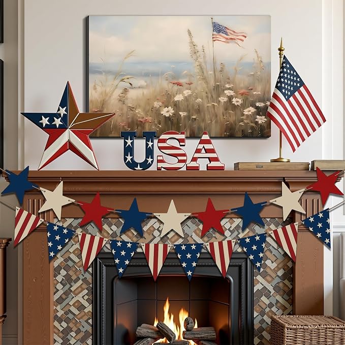 Framed American Flag Wildflower Field Wall Art, Patriotic Rustic Canvas Art Pictures, USA Flag Coastal Meadow Wall Decor, Made in USA Ready to Hang for Living Room Bedroom
