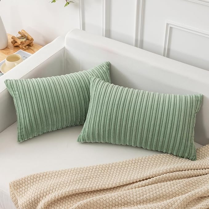 Kevin Textile Striped Corduroy 12”x20” Pillow Covers 2 Pack, Sage Green