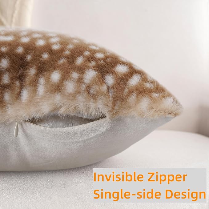 cygnus Faux Fur Deer Print Pillow Covers 18x18 | Antelope Pillow Covers Fluffy Fuzzy Animal Print Decorative Square Cushion Covers for Couch Sofa Living Room Bedroom Decor