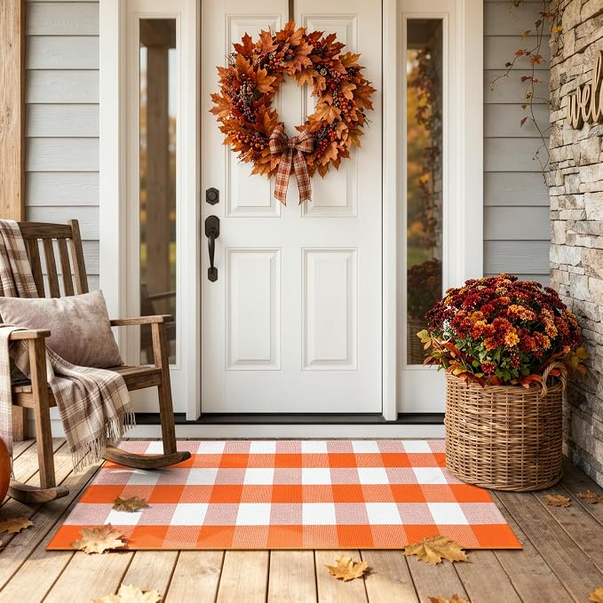 LEEVAN Halloween Outdoor Buffalo Plaid Door Mat Fall Decor Entryway Rugs | 2x4.3 Orange and White Autumn Washable Front Porch Door Mat, Small Farmhouse Layered Checkered Rug for Kitchen Patio Bathroom