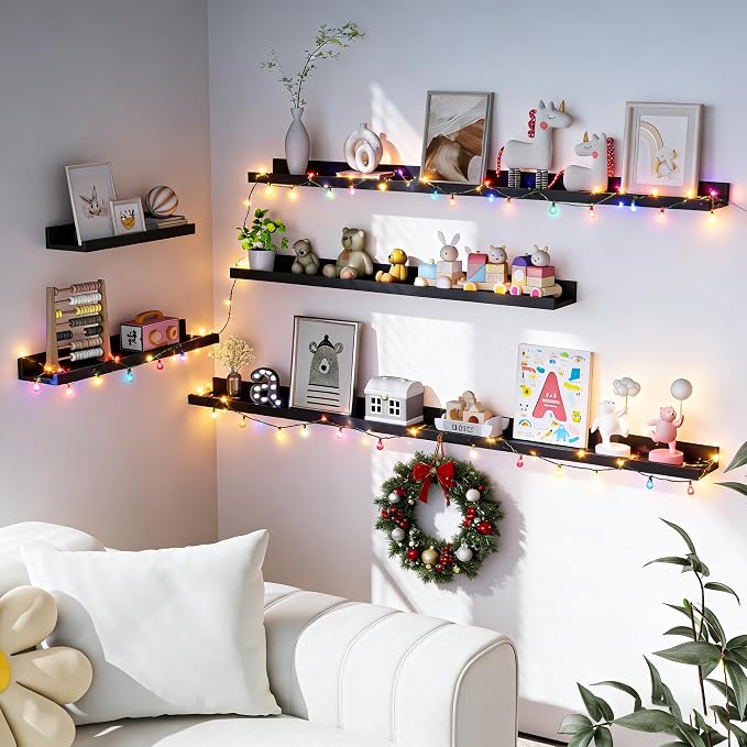 Heimlove Picture Ledge Shelf, Floating Shelves Set of 2, 24 Inches Picture Shelf for Wall with Ledge, Kids Bookshelf Wall Mounted for Living Room Bedroom Decor Books Photo Frames - Black