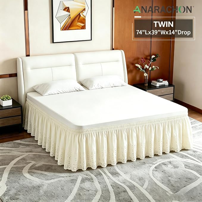 ANARACHON Twin Bed Skirt, Wrap-Around Elastic Ruffled Eyelet Bed Skirt Twin Size Dust Ruffle with Gathered Styling and Embroidered Details, 14" Drop Length (Light Yellow)
