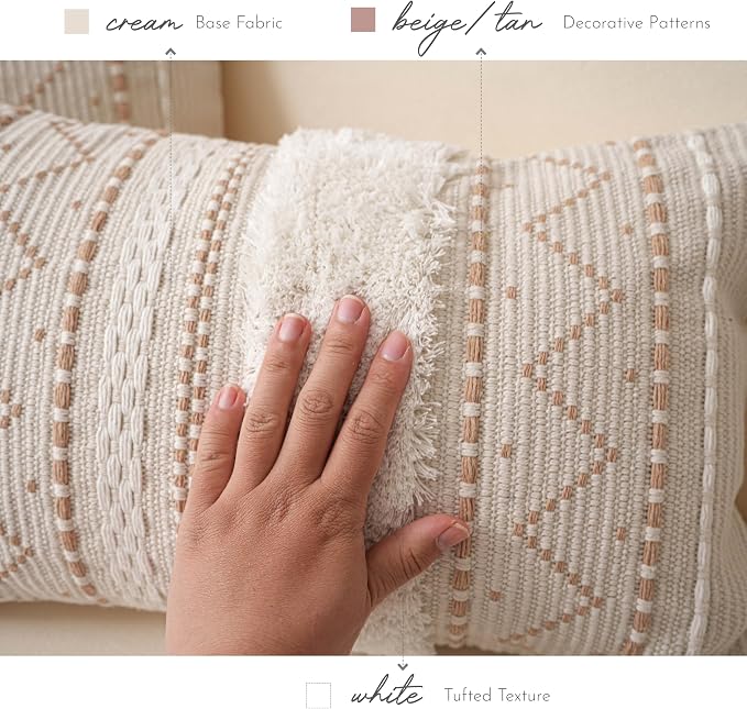BlissBlush Decorative Lumbar Throw Pillow Covers 12x20 Combo Set of 2 Cream Neutral Rectangular Boho Accent Pillowcase Farmhouse Cushion for Couch Sofa Bedroom Living Home Décor Cover ONLY