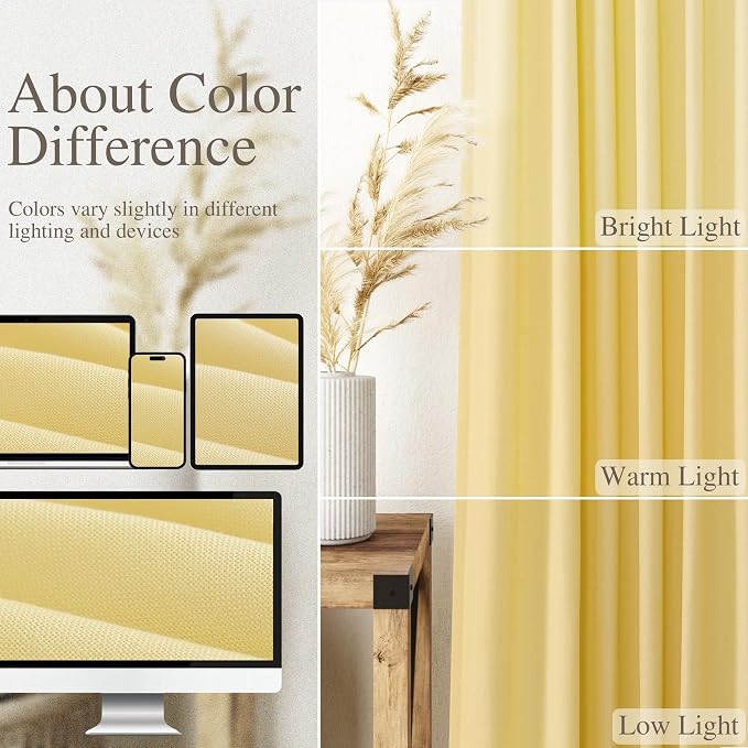Yellow Linen Textured 96 Inch Curtains 2 Panel Set Back Tab Rod Pocket Sheer Light Filtering Boho Room Decor Aesthetic Curtain Burlap Look Curtain Drapes for Living Room Bedroom 8Ft 52x96 Inch