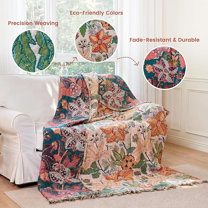 MSGKV Boho Throw Blanket 60"x80" Summer Cotton Floral Blanket for Twin | 100% Cotton Muslin, Botanical Throw Blanket, Reversible Weave, Soft & Breathable, Elegant Home Decor, Machine Washable