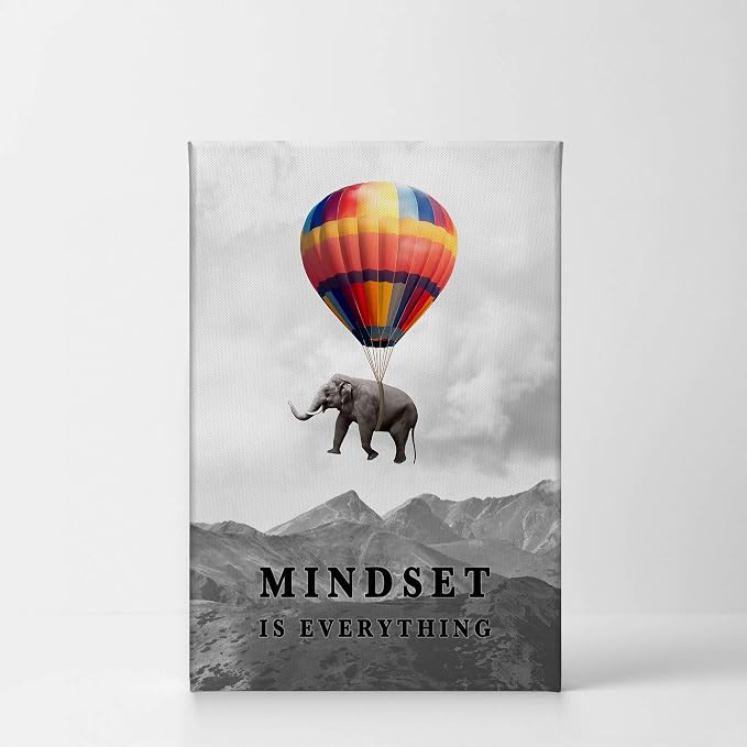 Smile Art Design Mindset is Everything Colorful Elephant Black and White View Motivational Wall Art Canvas Print Inspirational Entrepreneur Quote Office Living Room Decor Gift Ready to Hang 12x8