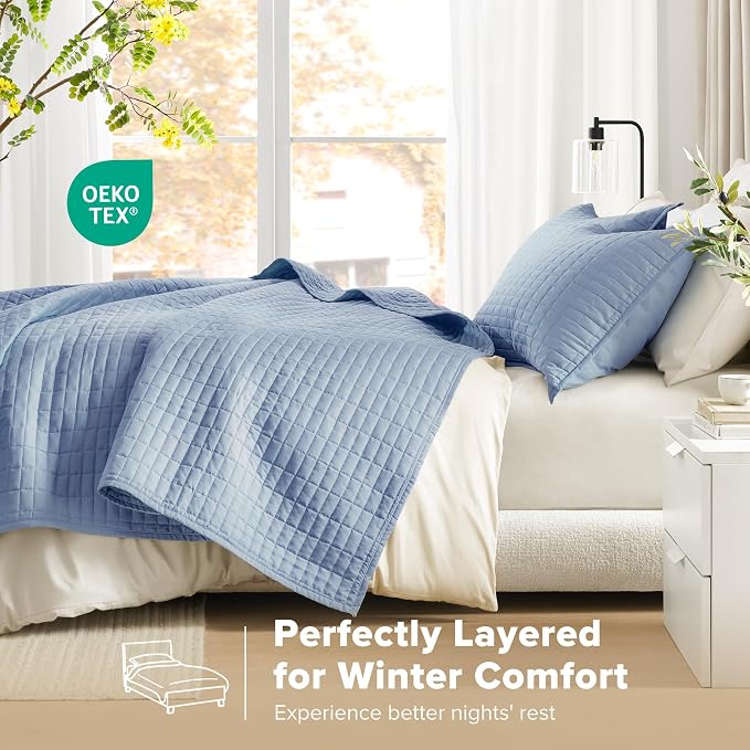Comfort Spaces Kienna Queen Quilt Bedding Set 3 Piece, 90"x90" Blue | Soft Cozy Lightweight Summer Coverlet Full Size, Quilted Bedspreads Extra Layer, Modern Casual Bedroom Decor, OEKO-TEX