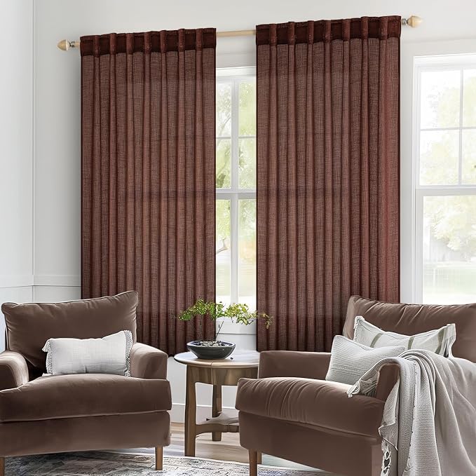 MIULEE Chocolate Brown Linen Curtains 52x54 Inch Long 2 Panels for Bedroom | Living Room, Soft Thick Linen Textured Natural Short Window Drapes, Semi Sheer Light Filtering, Back Tab, Rod Pocket