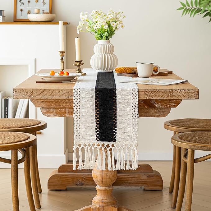 FEXIA Farmhouse Table Runner for Home Decor 12x60 Black Fall Home Decor | 60Inches Long Rustic Burlap Table Runner Macrame Table Decoration Centerpiece for Kitchen Bedroom Dining Living Room Kitchen
