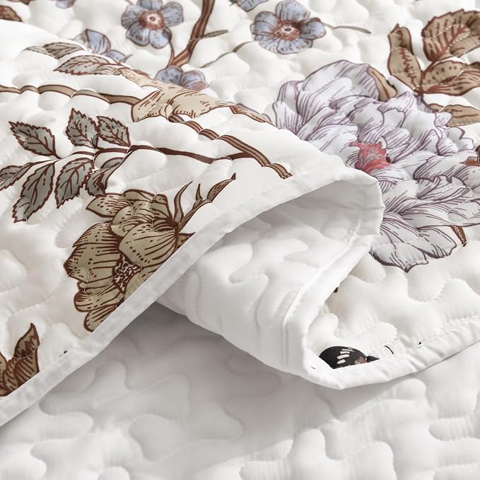 Litanika Floral White Quilt Queen - 3Pcs Botanical Birds Bedding Set | Bedspread Summer Lightweight Soft Coverlet with Pink Flower for All Seasons (96"x90")