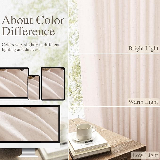 Linen Curtains 84 Inches Long for Living Room Semi Sheer Light Filtering Curtain Back Tab Rod Pocket Neutral Boho Modern Farmhouse Window Drapes for Bedroom 52x84 2 Panels Natural White