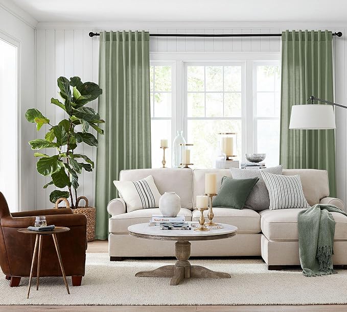 Jowels Light Sage Green Linen Curtains 96 Inch 2 Panels for Living Room | Light Filtering Semi Sheer Curtain, Back Tab Pocket Pleated Look, Boho Farmhouse Textured Privacy Drapes for Bedroom Window