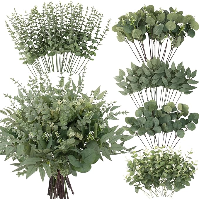 lovemoon 260 Pcs Artificial Mixed Eucalyptus Stems Bulk, 5 Kinds of Faux Greenery Eucalyptus Leaves Bulk for Vase Wedding DIY Bouquets Floral Arrangement Home Decor (260, Green)