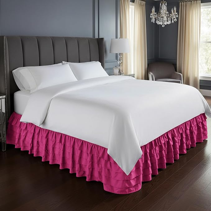 Elegant Comfort Luxurious Premium Quality 1500 Thread Count Wrinkle and Fade Resistant Egyptian Quality Microfiber Multi-Ruffle Bed Skirt - 15inch Drop, California King, Pink