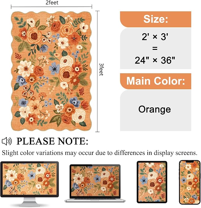 DUKINO 2x3 Rugs for Entryway, Floral Door Mat Washable Kitchen Rugs, Orange | Non Slip, Low Pile, Soft Small Rugs for Entrance, Bedroom, Bathroom, Laundry, Pet Friendly, Non-Shedding, Modern Home Decor