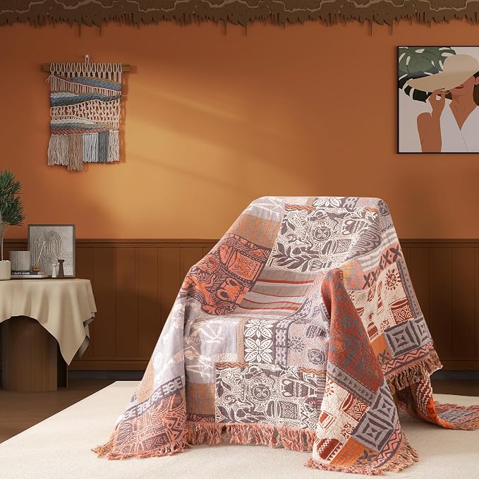 Phuryllic Boho Throw Blanket Twin Size, Soft Cozy Cotton Muslin Quilt Blanket for Bed Decor, Patchwork Block Couch Sofa Chair Cover, Vintage Farmhouse Cottage Tapestry Woven Blanket, Red&Orange