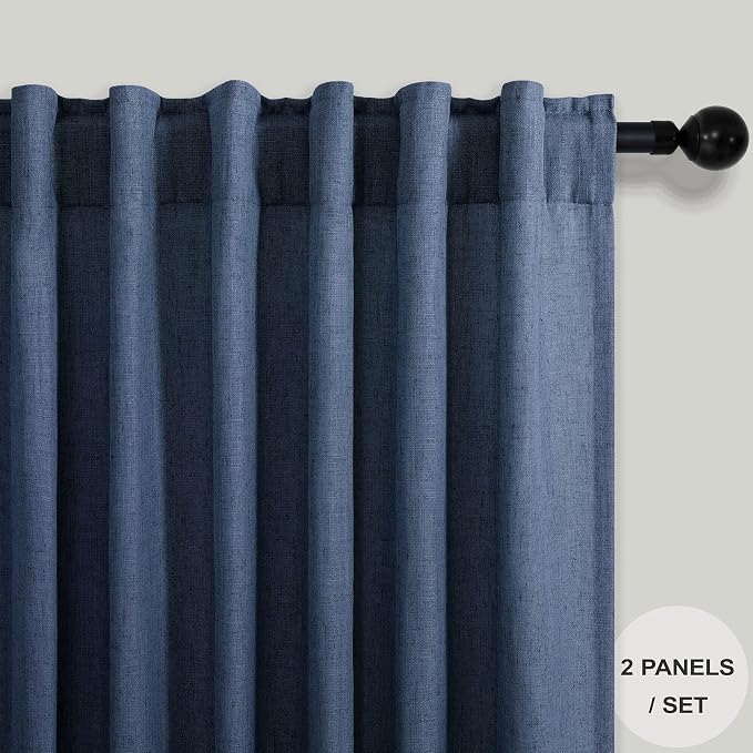 Pitalk 102 Inch Curtains Navy Blue Linen Drape for Bedroom 2 Panel Back Tab Loop Pocket Cotton Textured Semi Sheer Lightweight Dark Blue Indigo Curtain for Living Room Bay Window Nautical Decor 52x102