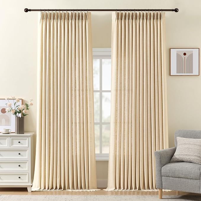 Pinch Pleated Linen Blend Sheer Curtains Light Filtering for Living Room | Semi Sheer, Pinch Pleat, with Hook Rings, Non See Through, Memory Shape, Cottage Core, 2 Panels, Sand Beige, W40xL96