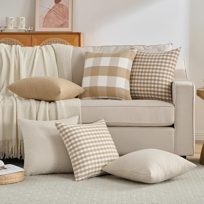 Farmhouse Brown Khaki Decorative Striped Throw Pillow Covers 18x18 Set of 2 | Soft Fall Brown Striped Pillow Covers 18 x 18,Cottage Core Decor, Vintage Brown Fall Pillows, Neutral Christmas Pillow Covers