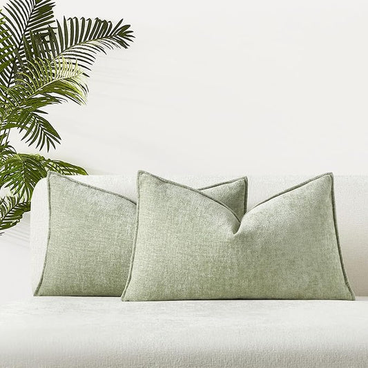 JUSPURBET Light Green Chenille Lumbar Throw Pillow Covers 16x24 inch Set of 2 Decorative Soft Textured Cushion Cases for Living Room Sofa Couch Bed Solid Home Decor Broadside Pillowcases