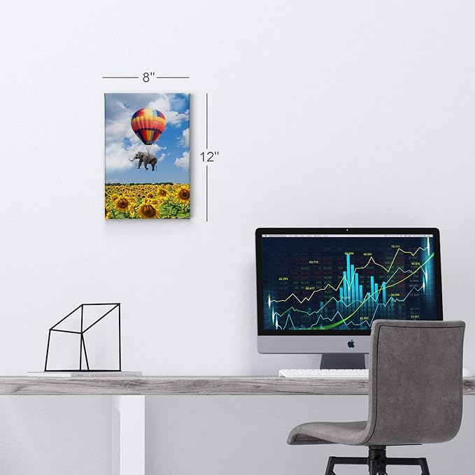 Smile Art Design Elephant with Balloon and Sunflower Field Motivational Wall Art Canvas Print Inspirational Wall Art Entrepreneur Quote Office Living Room Decor Artwork Gift Ready to Hang 28x19
