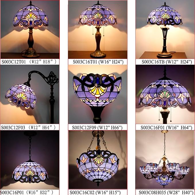 WERFACTORY Tiffany Lamp Stained Glass Table Lamp 18Inch Blue Purple Baroque
