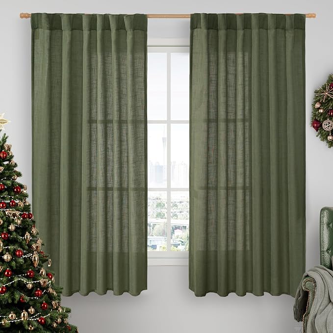 Olive Green Linen Curtains 63 Inch for Bedroom, Semi Sheer Panels | Light Filtering, Neutral Semi Sheer, Short Window Curtains, Christmas Panels, Rod Pocket Back Tab, 2 Panels, 52 x 63 Inch