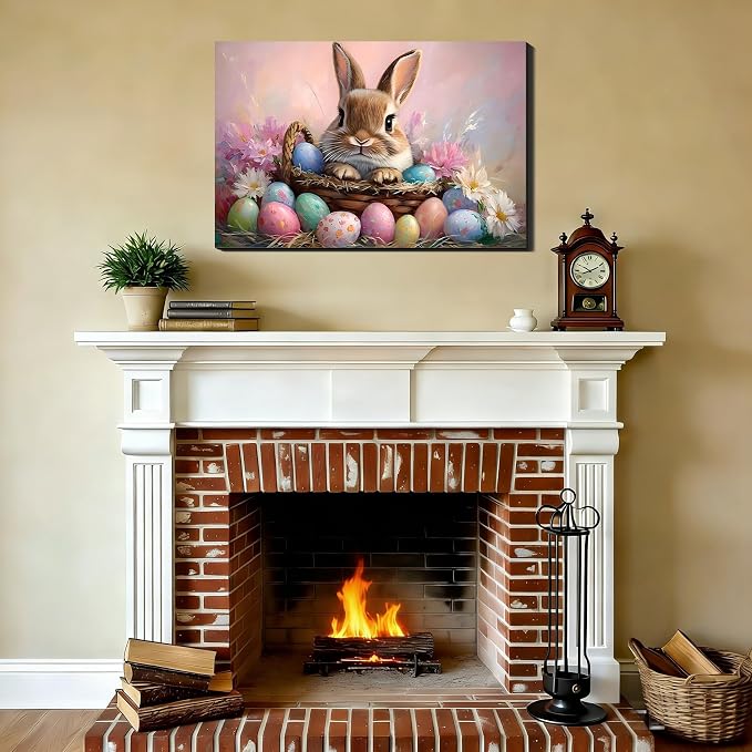 Vivid Easter Bunny Eggs Framed Canvas Wall Art for Bedroom, Colorful Easter Canvas Prints Pictures Wall Decor for Home, Kitchen, Office, Bar Artistic Wall Decorations, Ready to Hang